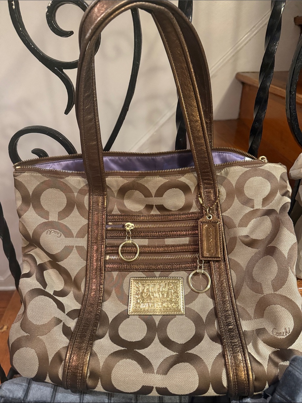 Coach Bronze Signature Jacquard Tote with Metallic Trim